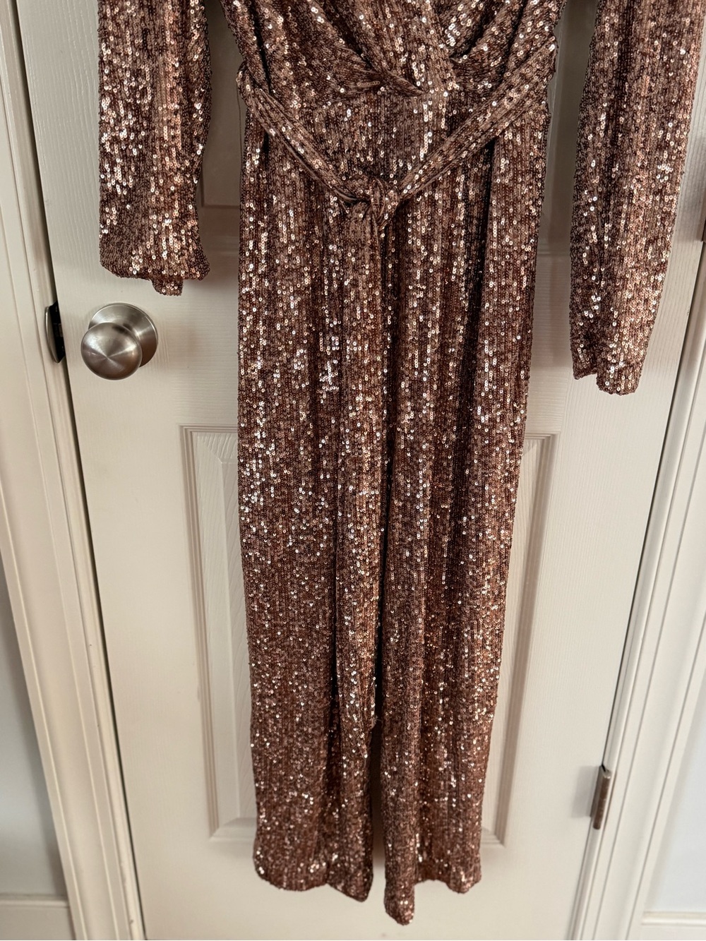 Alex Marie Rose Gold Sequin Jumpsuit Size 8 Belted Wide Leg Formal - Picture 12 of 16